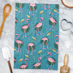 Flamingo Birds 20s Deko Ferns Pattern Blue Gold Geschirrtuch