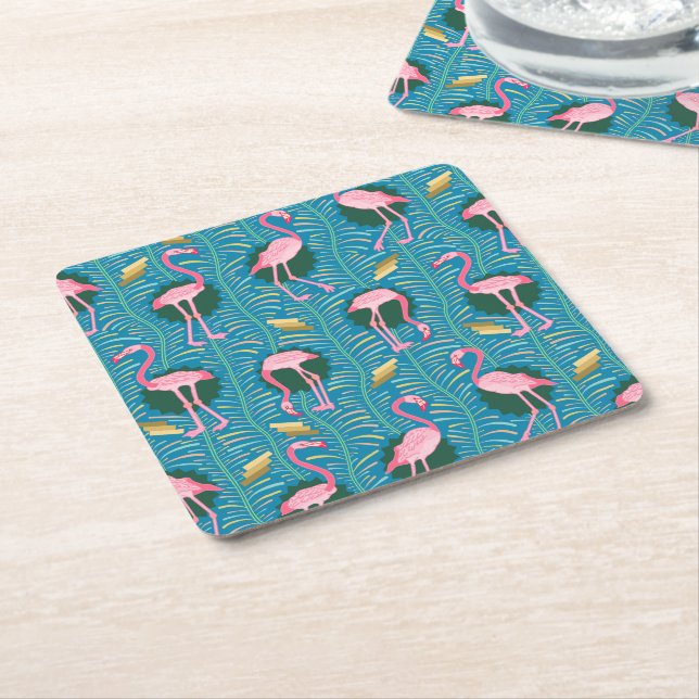 Flamingo Birds 20s Deko Ferns Pattern Blue Gold Rechteckiger Pappuntersetzer (angewinkelt)