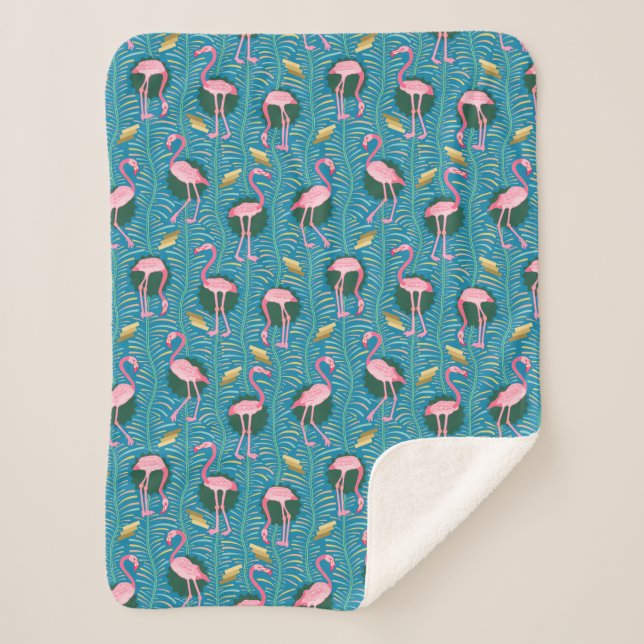 Flamingo Birds 20s Deko Ferns Pattern Pink Aquamar Sherpadecke (Vorderseite)