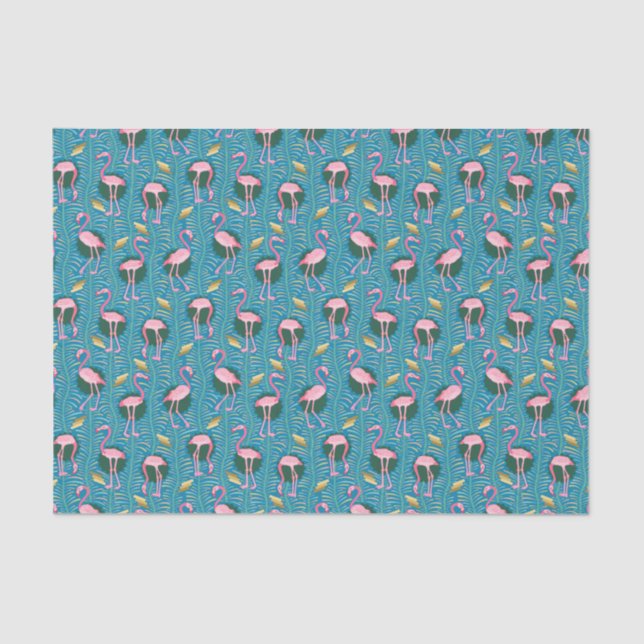 Flamingo Birds Muster 20s Deko Ferns Aquamarin Gol Seidenpapier (Vorderseite)