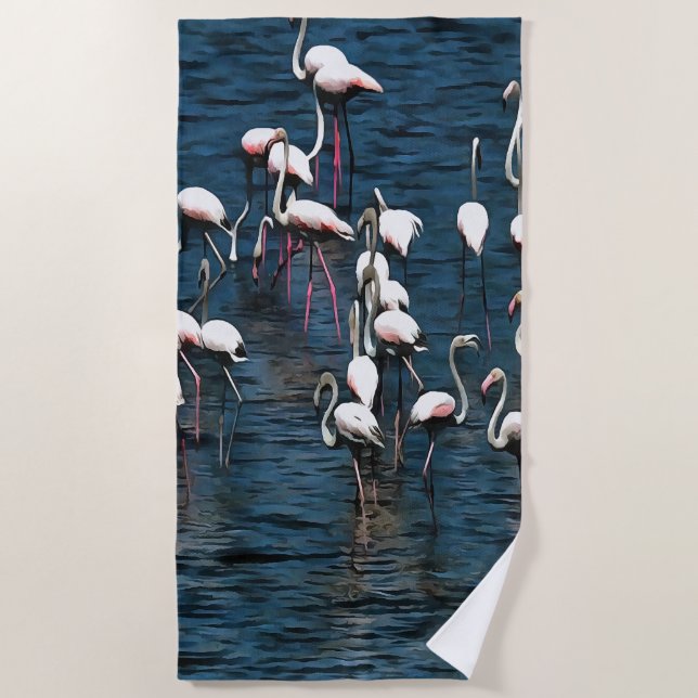 Flamingo Birnen in Rosa und Weiß auf Tintenblau Strandtuch (Vorderseite)
