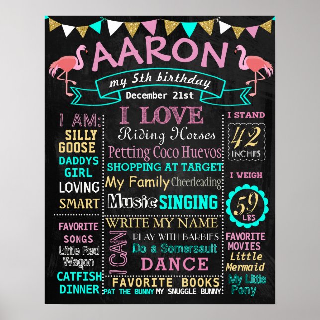 Flamingo Birthday Chalkboard Schild Meilenstein (Vorne)
