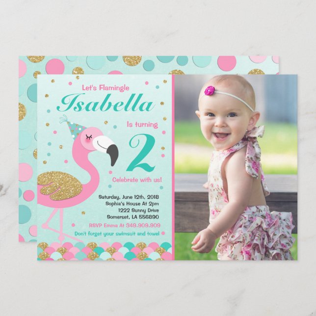 Flamingo Birthday Einladung Topical Pool Party (Vorne/Hinten)
