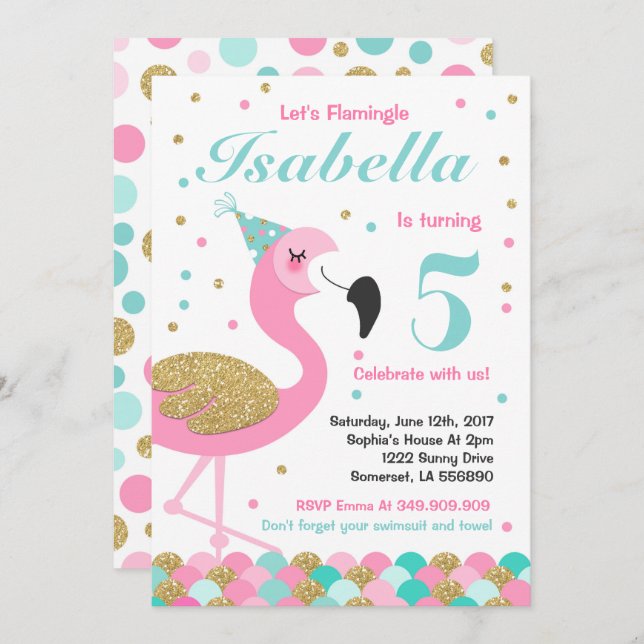 Flamingo Birthday Einladung Topical Pool Party (Vorne/Hinten)