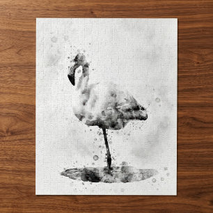 Flamingo Black and White Watercolor 01 Puzzle