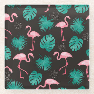 Flamingo, Blätter aus Palmen: tropische Wasserfarb Glasuntersetzer