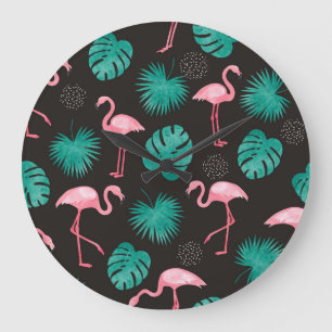 Flamingo, Blätter aus Palmen: tropische Wasserfarb Große Wanduhr