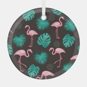 Flamingo, Blätter aus Palmen: tropische Wasserfarb Ornament Aus Glas