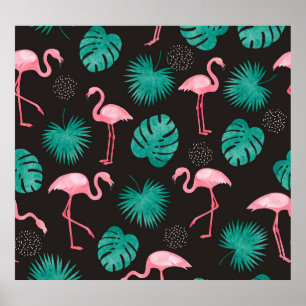 Flamingo, Blätter aus Palmen: tropische Wasserfarb Poster