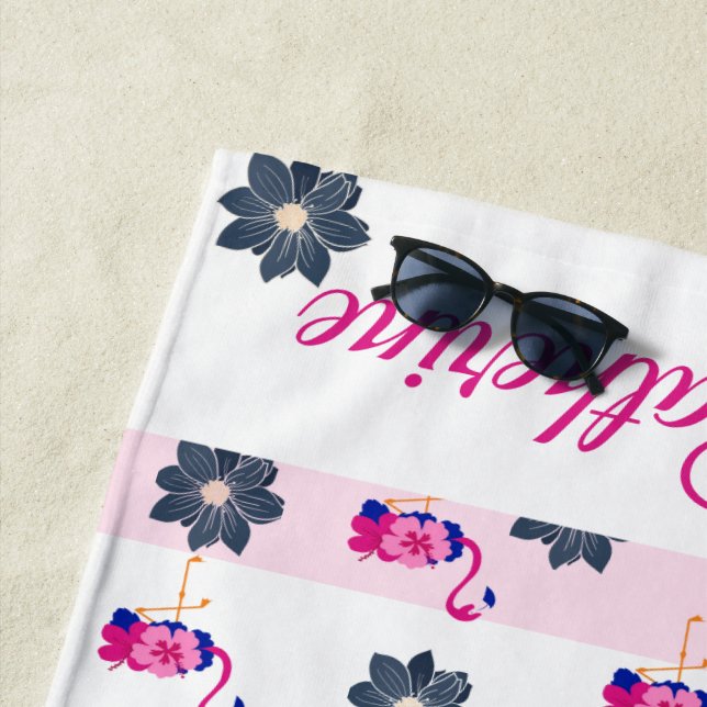 Flamingo-blaue Blume-Muster, weiße rosa Streifen Strandtuch (Beispiel)