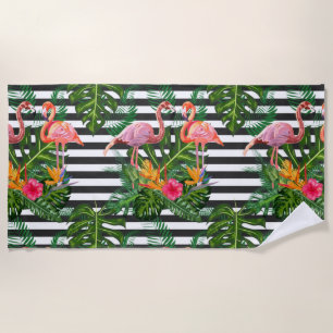 Flamingo Blume Hibiskus Schwarz-weiß Strip Strandtuch