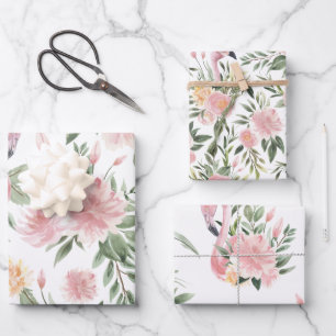 Flamingo-Blumenmuster Geschenkpapier Set