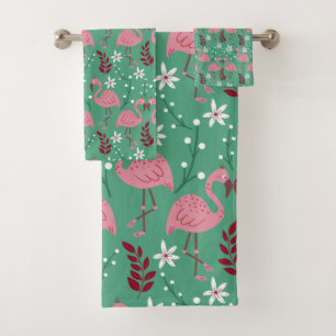 Flamingo-Blumenmuster nahtlos rosa grün Badhandtuch Set