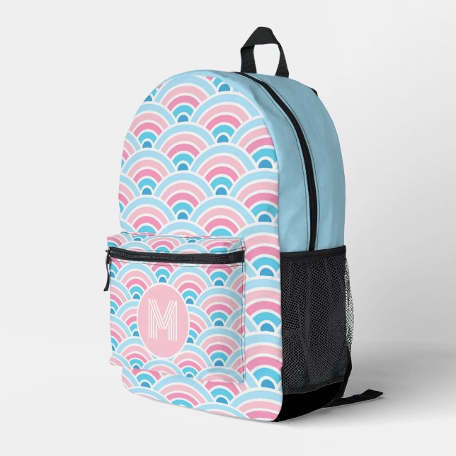 Flamingo Blush Pink Blue Concentric Waves Muster Bedruckter Rucksack (Rückseitige Ecke Rechts)