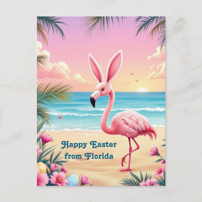 Flamingo Bunny Ears Holi Feiertagspostkarte (Vorderseite)