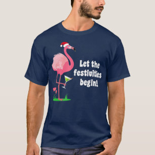 Flamingo Christmas Bird w Martini Glass Funny T-Shirt