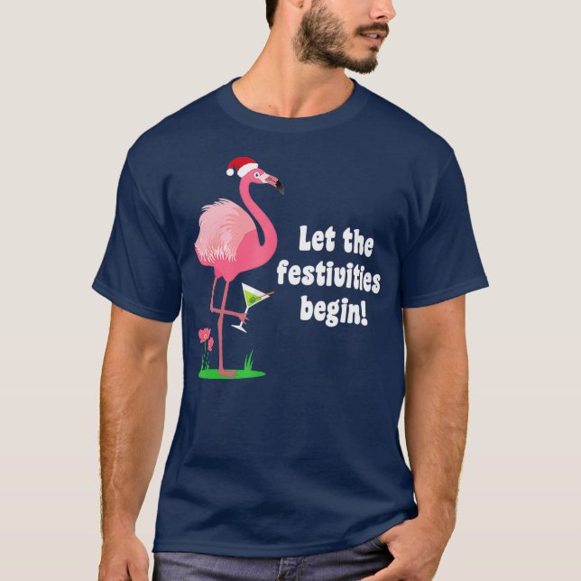 Flamingo Christmas Bird w Martini Glass Funny T-Shirt (Vorderseite)