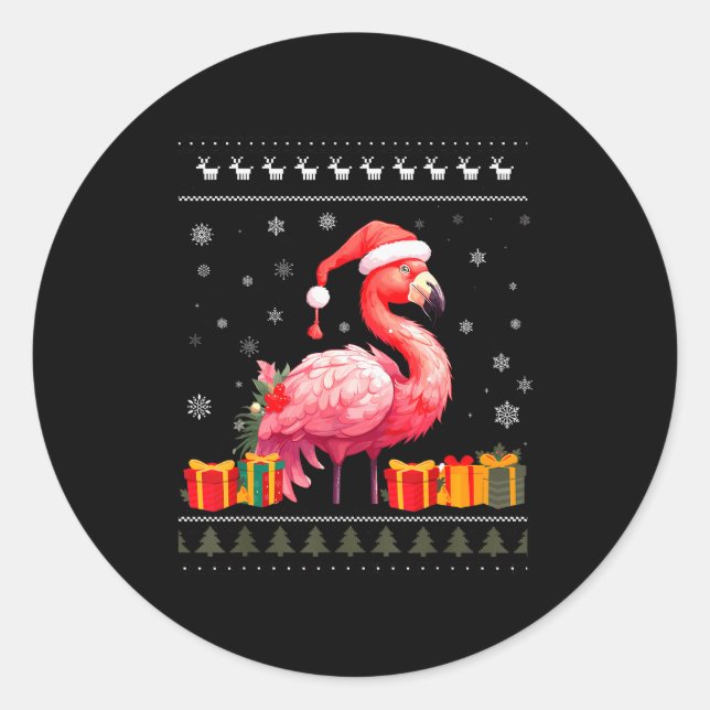 Flamingo Christmas Santa Hat Ugly Christmas Sweate Runder Aufkleber (Vorderseite)