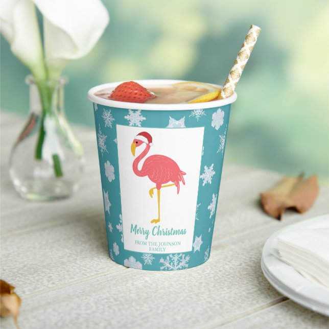 Flamingo Christmas Snowflake Blue Tropical Family  Pappbecher (In Situ)