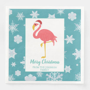Flamingo Christmas Snowflake Blue Tropical Family Serviette