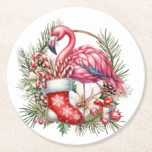 Flamingo Christmas Themed Runder Pappuntersetzer