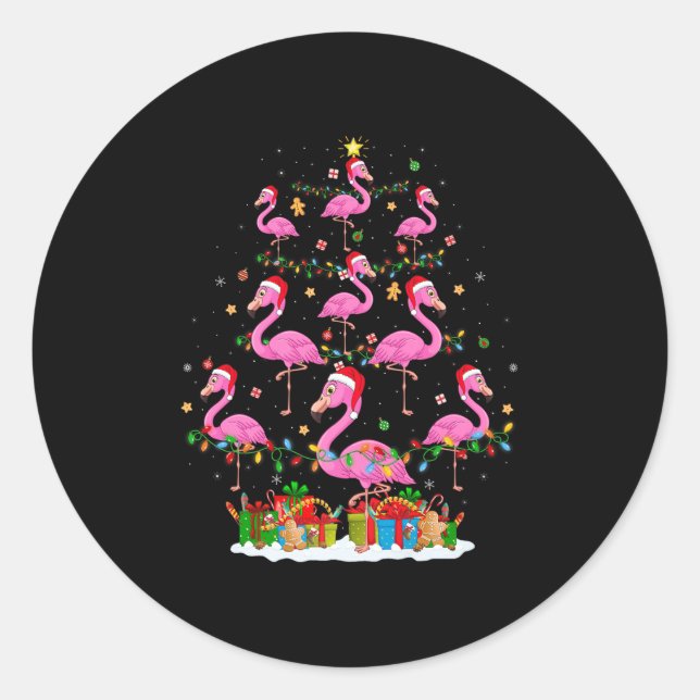 Flamingo Christmas Tree Lights Santa Hat Nk Flamin Runder Aufkleber (Vorderseite)