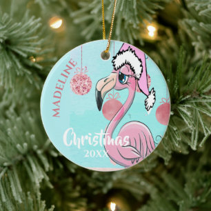 Flamingo Christmas Weihnachtsmannmütze Blue Pink G Keramik Ornament