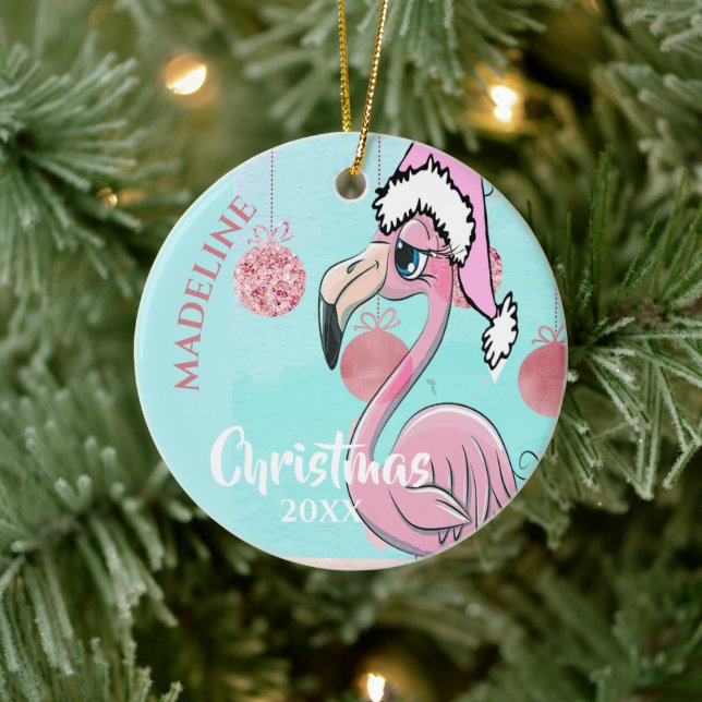 Flamingo Christmas Weihnachtsmannmütze Blue Pink G Keramik Ornament (Baum)