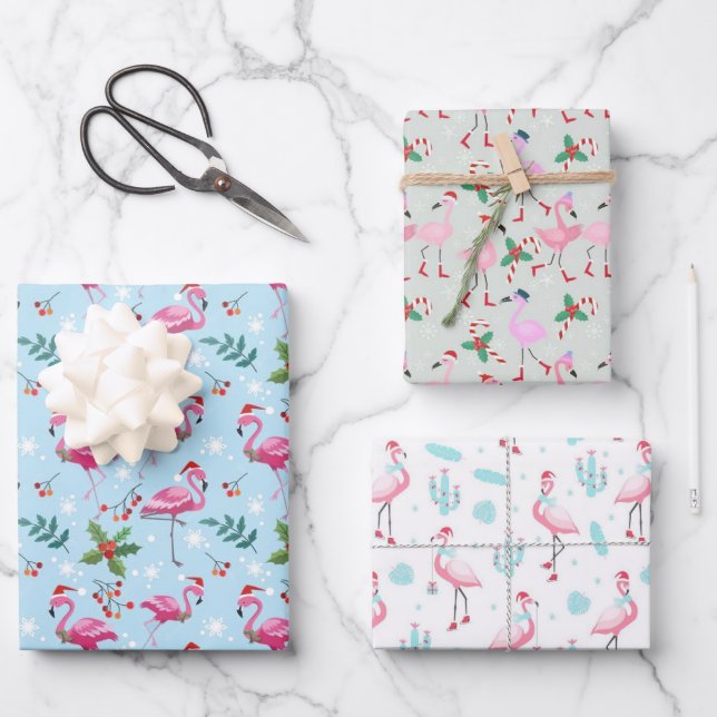 Flamingo Christmas Wrapping Paper 3 Pack Geschenkpapier Set (Vorderseite)