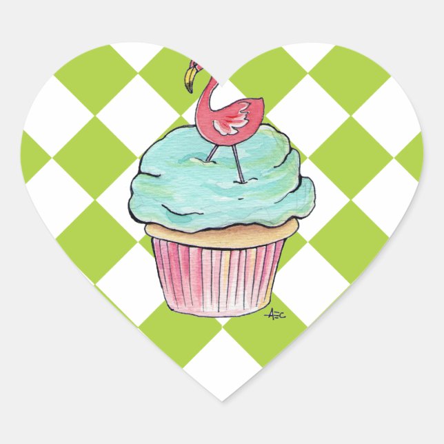 Flamingo Cupcake Herz-Aufkleber (Vorderseite)