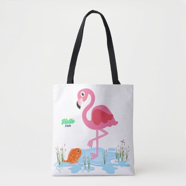Flamingo, der einen Fisch in einem Teich serviert (Vorderseite)