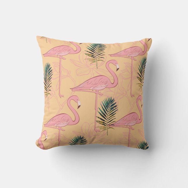 Flamingo Design in goldgelben und Aquamarinen Blät Kissen (Vorderseite)