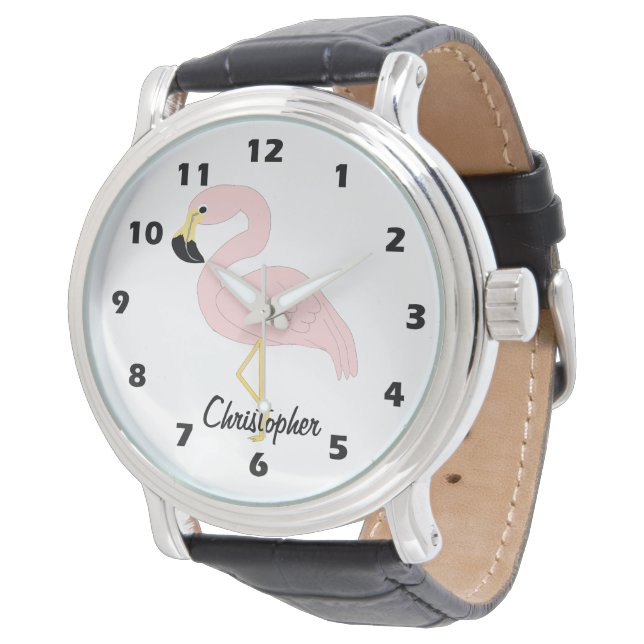 Flamingo Design personalisiert Armbanduhr (Schrägansicht)
