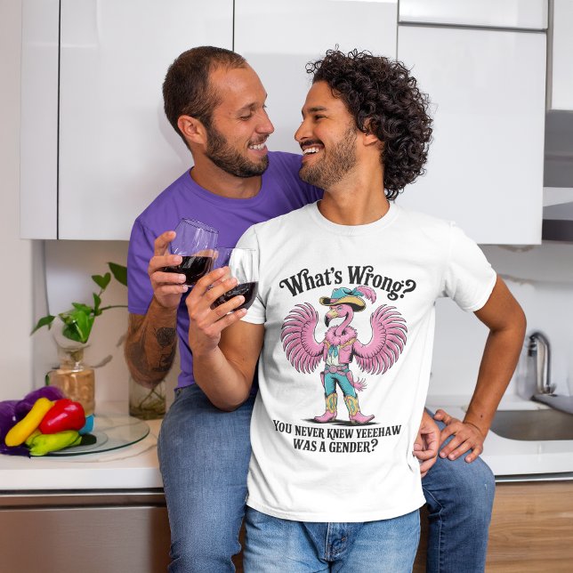 Flamingo Drag Queen Cowboy YEEEHAW Pride T-Shirt (male couple toasting their lgbtq pride wearing funny flamingo rodeo drag queen humor tshirt)