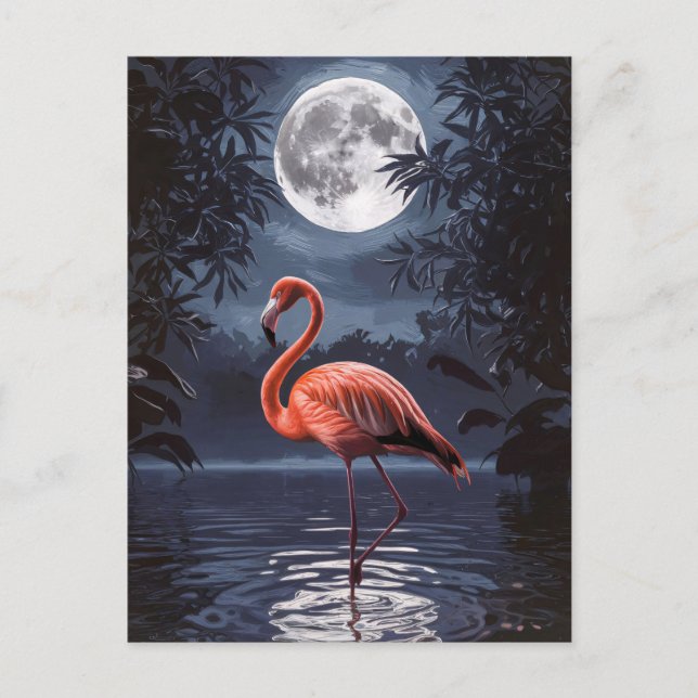 Flamingo Dramatischer Vollmond Postkarte (Vorderseite)