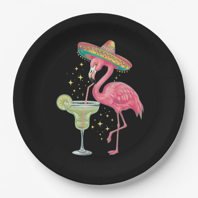 Flamingo Drinking Margarita Funny Mexican Poncho Pappteller (Vorderseite)