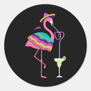 Flamingo Drinking Margarita Mexican Poncho Cinco D Runder Aufkleber