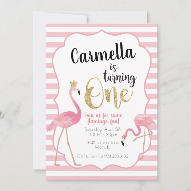 Flamingo Einladung zum ersten Geburtstag (Vorderseite)