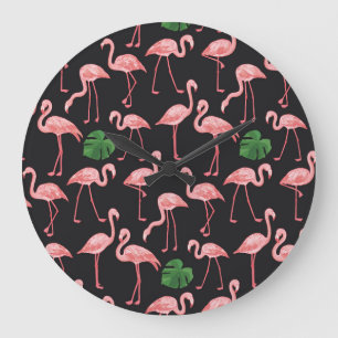 Flamingo Eleganz: Vintage Monstera Fusion. Große Wanduhr