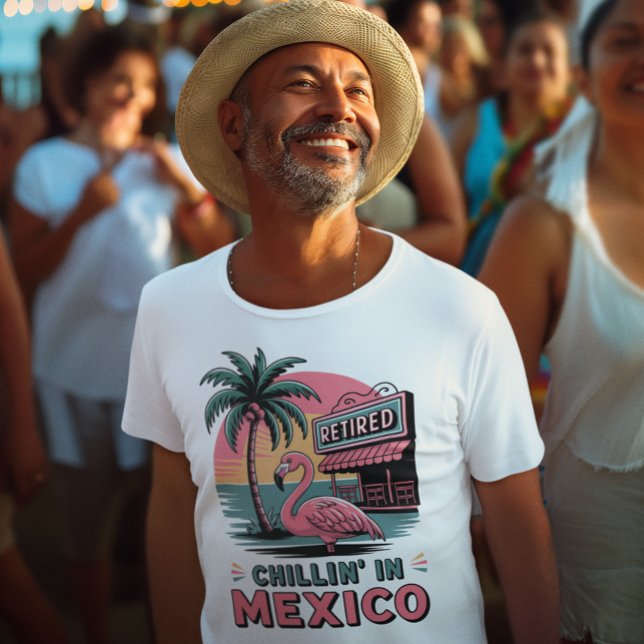 Flamingo Expat Retirement Mexico Beach Life T-Shirt (smiling happy man wearing Retired in Mexico flamingo beach theme t-shirt)