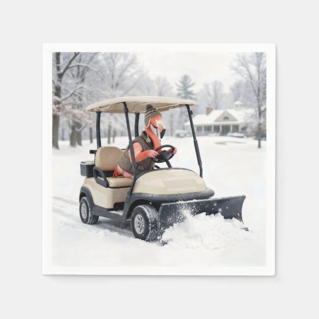 Flamingo fährt Golfwagen mit Schneepflug Serviette (Vorderseite)