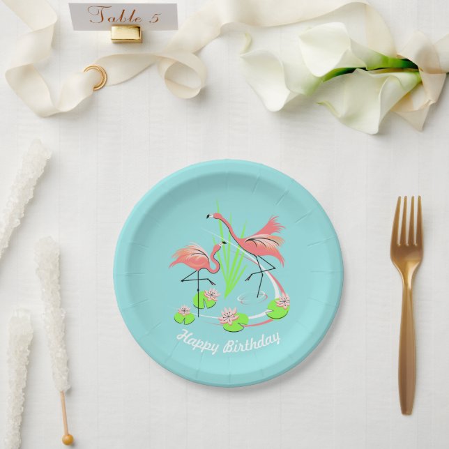 Flamingo Fandango Duo Happy Birthday Papierplatte Pappteller (Hochzeit)