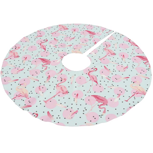 Flamingo-Federn auf Polka-Punkten Polyester Weihnachtsbaumdecke (Schrägansicht)