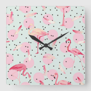 Flamingo-Federn auf Tupfen Quadratische Wanduhr