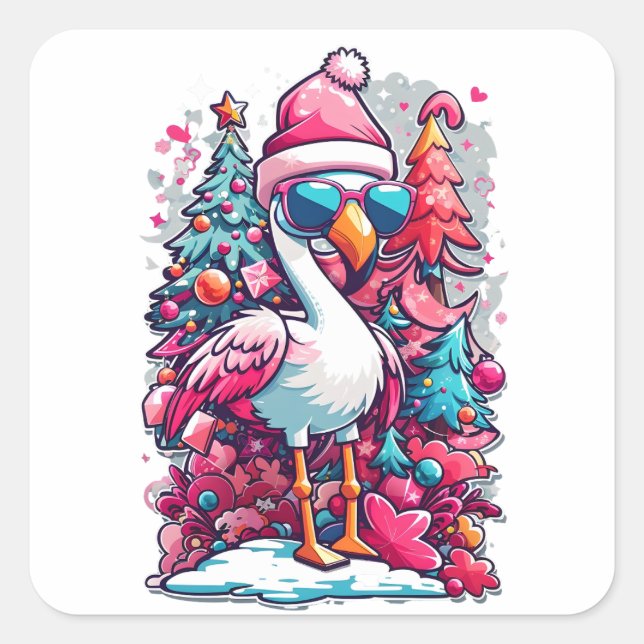 Flamingo Festivals Weihnachtsmannmütze und Brillen Quadratischer Aufkleber (Vorderseite)