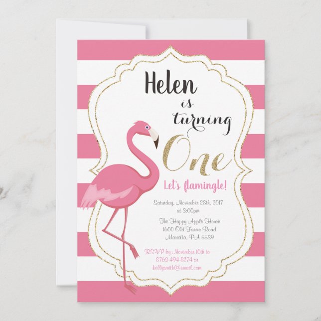 Flamingo First Birthday Invitation Girl Einladung (Vorderseite)