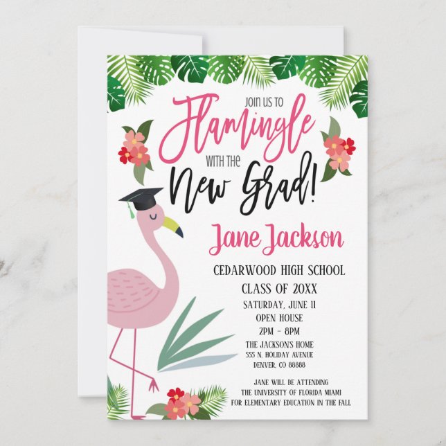  Flamingo Flamingle mit dem Grad-Party Einladung (Vorderseite)