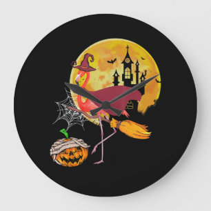 Flamingo   Flamingo Riding Broom Pumpkin Halloween Große Wanduhr