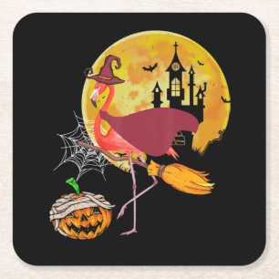 Flamingo Flamingo Riding Broom Pumpkin Halloween Rechteckiger Pappuntersetzer