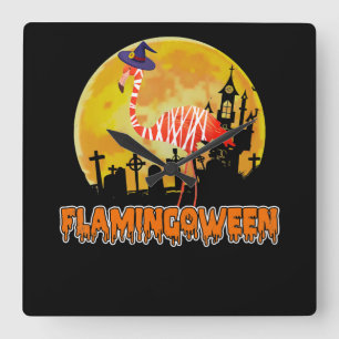 Flamingo Flamingoween   Funny Witch Halloween Quadratische Wanduhr